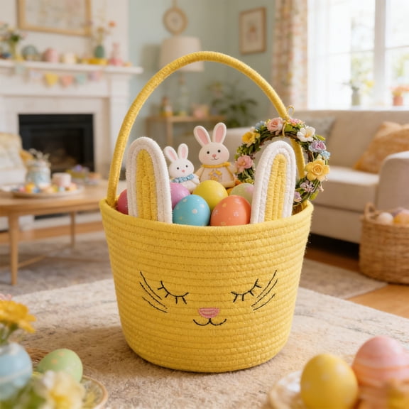 Rijanmt Easter Bunny Ears Handmade Woven Storage Basket,Cute Easter Treasure Hunt Rabbit Basket,Sturdy Polyester Rope Gift Baskets,For Egg Hunting,Festive Decor,Ideal Gift For Babies,7.87" Dia,Yellow