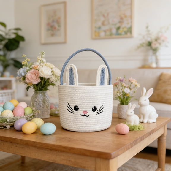 Rijanmt Easter Bunny Storage Box Woven Egg Hunting Basket,Easter Bunny Basket With Rabbit Ears,Cute Animal Basket For Laundry Bedroom Candy Sweets,Hand Woven Storage Organizer & Decor,10*8*8",Blue