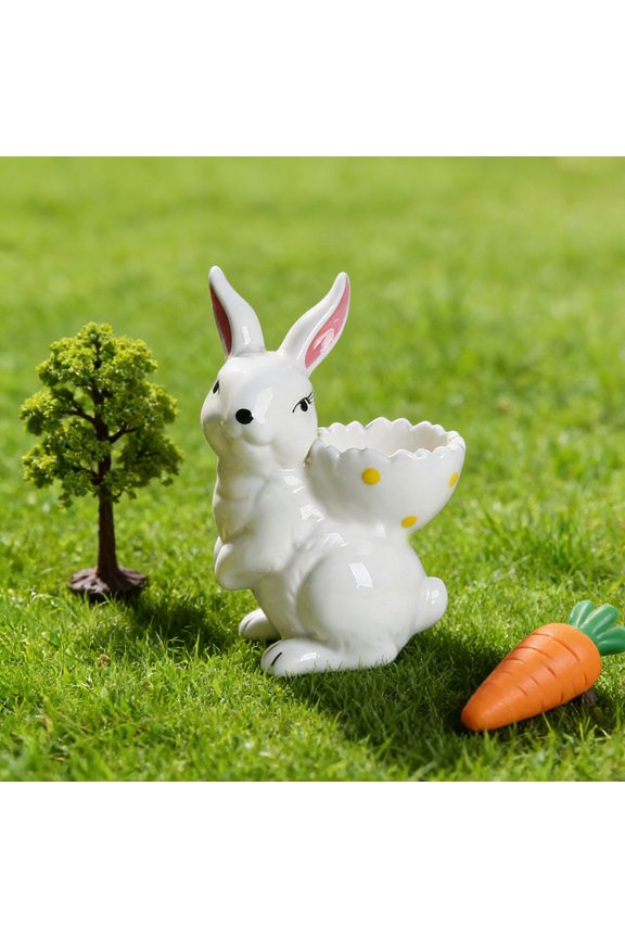 Easter Ceramic Egg Carrying Rabbit Handpaint Decor,Fine Porcelain Bunny With Egg Backpack,For Tiny Plants,Cute Rabbit Figurine,Stand Spring Table Decor Gift For Home,4.92X3.34",White