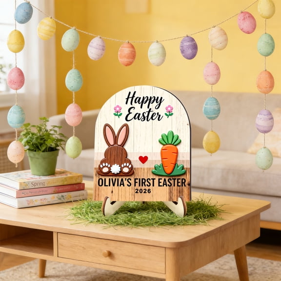 Rijanmt Easter Cute Bunny Egg Handcraft Wooden Ornament,Olivia's First Easter 2026,Spring Party Centerpiece with Stand, Desktop Ornaments for Farmhouse Home Kitchen Party Decor, A 9.45*11.8"