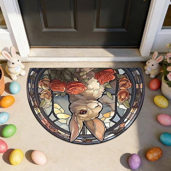 Rijanmt Easter Cute Bunny Flower Absorbent Nonslip Rug, Rabbit Spring Vibrant Semicircle Doormat, Non Slip Rug, Half Moon Durable Floor Carpet for Bathroom Kitchen Patio Laundry Home Decor A