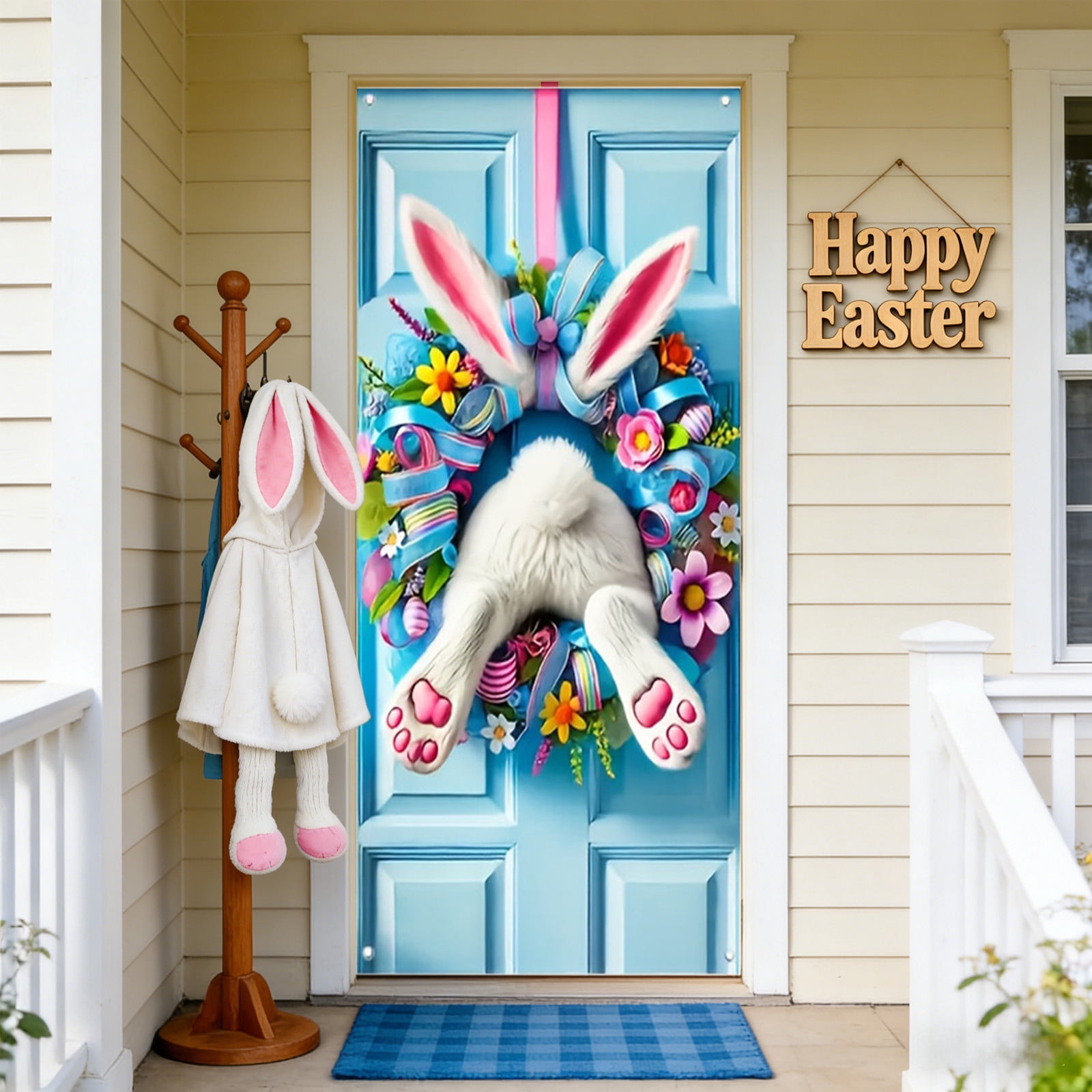 Rijanmt Easter Door Curtain Bunny Porch Door Sign Banner,Cartoon Rabbit