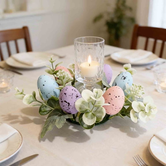 Rijanmt Easter Egg Artificial Flower Candle Ring Wreath,Spring Artificial Foliage Floral And Egg Wreath,Faux Wildflower Wreath For Home Kitchen Table Cnterpieces Decor Front Door Porch,9.84" Dia