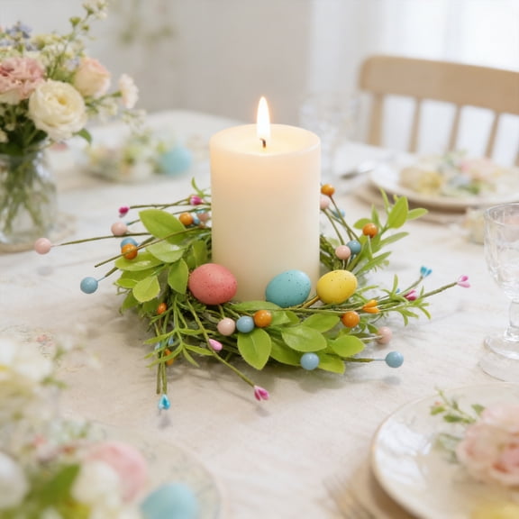 Rijanmt Easter Egg Candle Ring Wreath Berry Candle Holder,8.66" Dia Mini Spring Floral Wreath With Berries Foliage,Easter Eggs Ring For Party Home Holiday Kitchen Table Centerpiece Farmhouse Decor