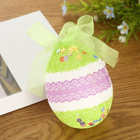 Rijanmt Easter Egg Ornament With Glitter Faux Bead Pearl,Colorful Printing Foam Easter Hanging Eggs Decor With Bow And Floral Designs,For Tree Basket Filler Decor Party Favor,4.52X3.26In,Green