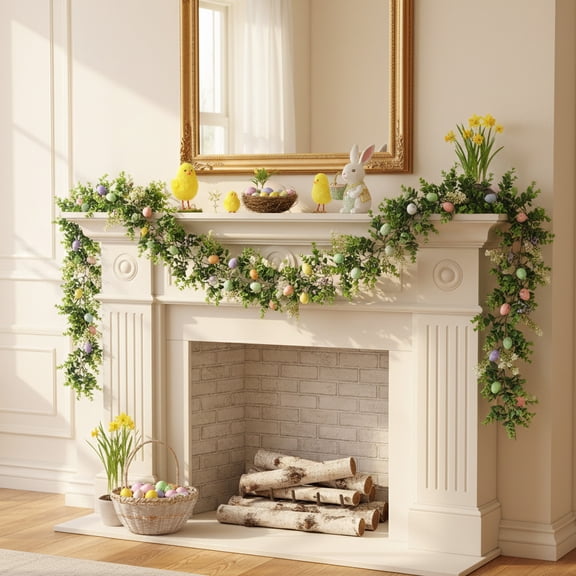 Rijanmt Easter Egg Vine Spring Bush Fresh Floral DecorEaster Garland Spring Vine with Easter Eggs Flowers Berries for Rustic Fireplace Mantle Arch Home Table Tree Easter Decoration,175 cm/68.9in