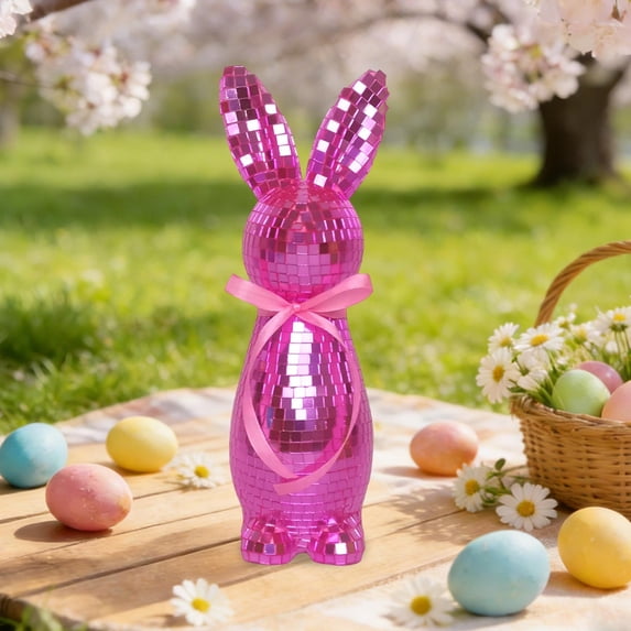 Rijanmt Easter Glitter Mirror Rabbit Standing Bunny Statue,Foam Sparkling Bow Rabbit Tabletop Standing Figurine,For Spring Easter Table Baskets Garden Home Office Decoration Gift,9.45X3.15",Pink
