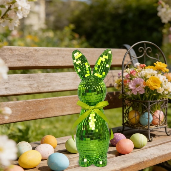 Rijanmt Easter Glitter Mirror Rabbit Standing Bunny Statue,Foam Sparkling Bow Rabbit Tabletop Standing Figurine,For Spring Easter Table Baskets Garden Home Office Decoration Gift,9.45X3.15",Green