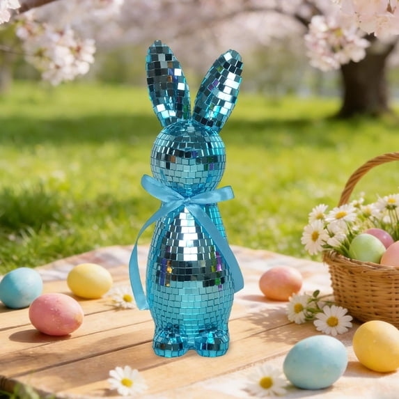 Rijanmt Easter Glitter Mirror Rabbit Standing Bunny Statue,Foam Sparkling Bow Rabbit Tabletop Standing Figurine,For Spring Easter Table Baskets Garden Home Office Decoration Gift,9.45X3.15",Blue