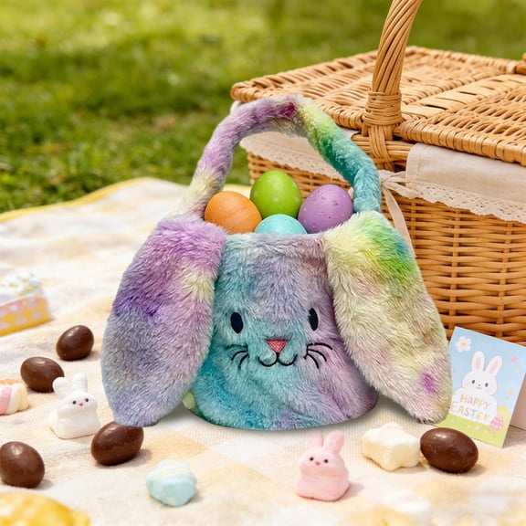 Rijanmt Easter Handbag Colorful Plush Bunny Basket,7.5x11.6" Long Ears Rabbit Easter Tote Bag with Cool Gradient Colors,Soft Handheld Candy Gifts Bucket,for April Holiday Decorations,Eggs Hunting