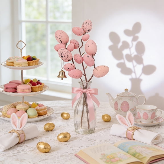 Rijanmt Easter Picks Foam Easter Egg Faux Spring Branches,Decorative Pastel Speckled Easter Egg Stems for Spring Basket Bouquets Floral Arrangement Centerpiece Flower Vase Wreath 11.8" H,Pink