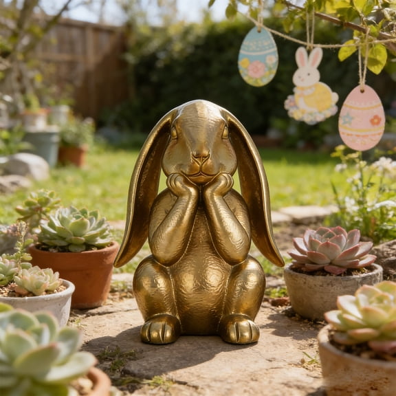 Rijanmt Easter Resin Gold Bunny 3D Printing Rabbit Statue,Easter Thinking Rabbit Figurine For Spring Tabletop Decoration,Standing Curious Bunny Golden Ornament For Outdoor Garden Patio Yard,7.87" H