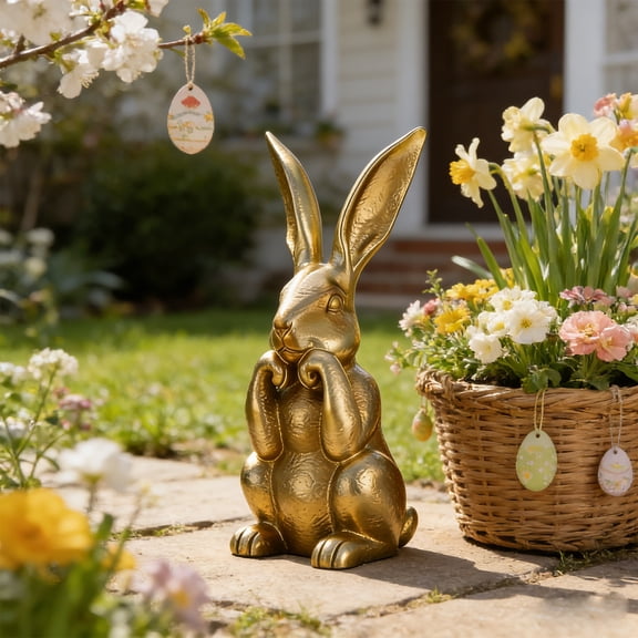 Rijanmt Easter Resin Gold Bunny Decor Cute Rabbit Figurine,Easter Thinking Rabbit Statue For Spring Tabletop Decoration,Standing Curious Bunny Golden Ornament For Outdoor Garden Patio Yard,11.81" H