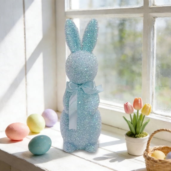 Rijanmt Easter Standing Bunny Glitter Bow Rabbit Figurine,Flocked Sparkling Bow Rabbit Tabletop Standing Statue,For Spring Easter Table Baskets Garden Home Office Decoration Gift,12.99X4.72",Blue