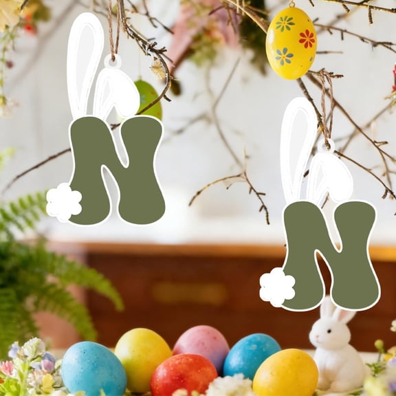 Rijanmt Easter Wooden Bunny Ear 26 Letter Tree Ornament,Wooden Wall Hanging Pendant With Bunny Ears Cartoon Alphabet Hanging Decorations Personalized Easter Basket Name Tags,2.5*3.9" (N)