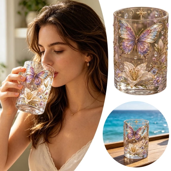 Rijanmt Garden Morning Bliss Whiskey Glass,Butterfly Print Double-Walled Water Glass with Rhinestones,Decorative Stemless Tumbler,Hand Drinking Cup for Women Drinking Tea Coffee Iced Drinks,Colorful