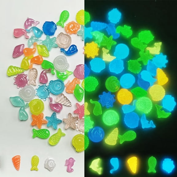Rijanmt Glow in the Dark Seashell Pebbles,300pcs Sea Shells Starfish Conch Luminous Garden Stones,Sea Animal Glowing Rocks for Fish Tank/Aquarium,Beach Mermaid Party Decor,Vase Fillers,DIY Crafts