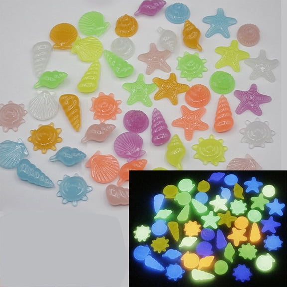 Rijanmt Glow in the Dark Seashell Pebbles,90pcs Sea Shells Starfish Conch Luminous Garden Stones,Sea Animal Glowing Rocks for Fish Tank/Aquarium,Beach Mermaid Party Decor,Vase Fillers,DIY Crafts