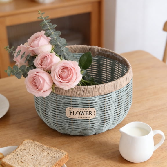 Rijanmt Hand Woven Rattan Flower Basket Rustic Planter Pot,10" Dia 5.5" H Handmade Faux Wicker Vase,Garden Plant Pot Container For Flowers Sundries Organizer,Storage Bins For Home Indoor Outdoor,A