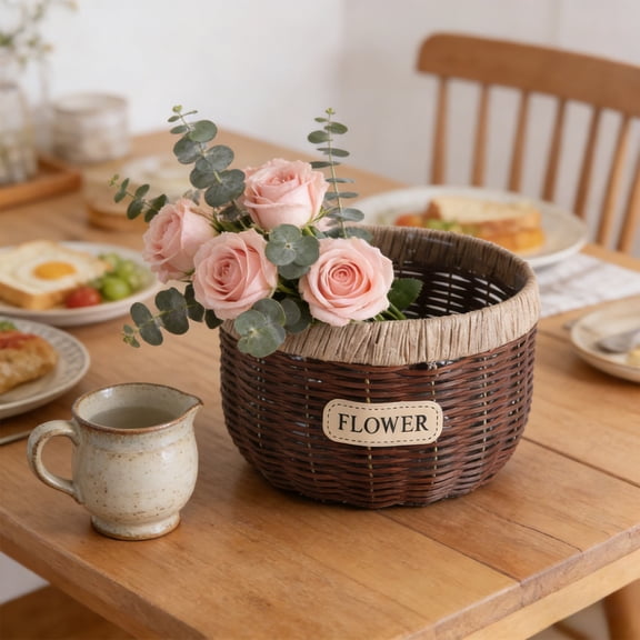 Rijanmt Hand Woven Rattan Flower Basket Rustic Planter Pot,8" Dia 5" H Handmade Faux Wicker Vase,Garden Plant Pot Container For Flowers Sundries Organizer,Storage Bins For Home Patio Indoor Outdoor,B