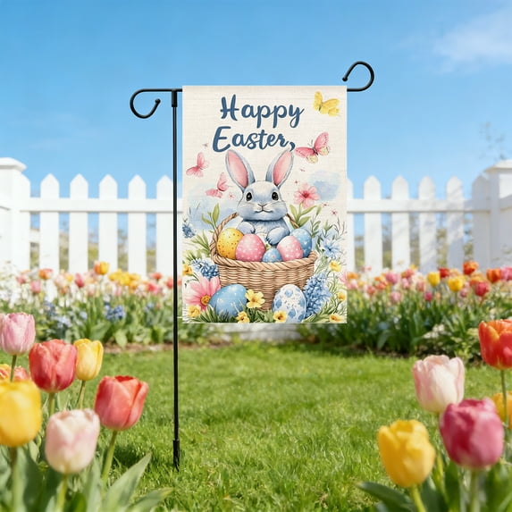 Rijanmt Happy Easter/He Is Risen Easter Garden Flag 11.8*17.7" Outside, Bunnies Flowers Cross Yard Outdoor Decoration Easter Garden Flag Cute Bunny Garden Flag With Double-sided Printing