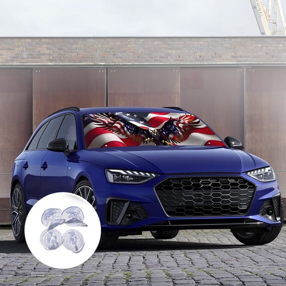 Rijanmt Hawk Flag Windshield Sun Shade Car Front Window,Visor Automotive Sun Shield,Reflective Aluminum Foil,Heat Insulation,Patriotic Stars Stripes with Bald Eagle Design,for Midsize Sedan,Suv,Truck