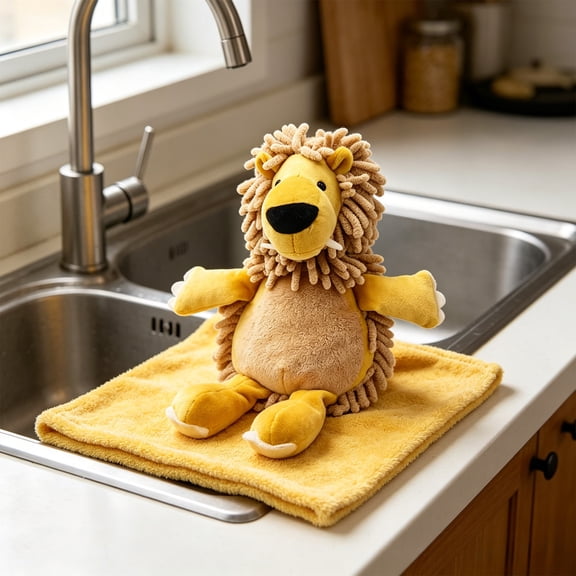 Rijanmt Large Chenille Towel Ball,3D Lion Kitchen Towel Countertop,Soft Absorbent,Microfiber Dish Towels,Fun Animal Shaped Fuzzy Hand Face Bath Towel with Hanging Loop for Kitchen Bathroom,Yellow