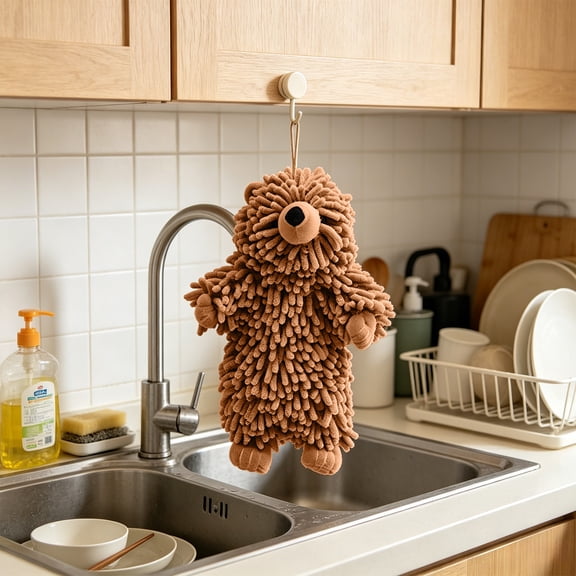 Rijanmt Large Chenille Towel Ball,Fuzzy Bear Kitchen Towel Countertop,Soft Absorbent,Microfiber Dish Towels,Fun Animal Shaped 3D Hand Face Bath Towel with Hanging Loop for Kitchen Bathroom,Brown