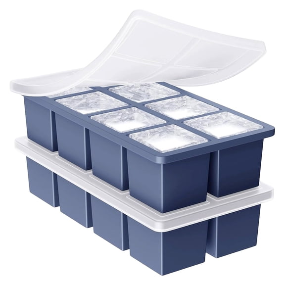 Rijanmt Large Ice Cube Tray for Whiskey,2" 6 Cavity Silicone Ice Tray with Lid,Square Old Fashioned Ice Cube Maker Stackable,Easy Release,for Freezer Cocktail Juice Bourbon & Soups,Blue,2 pcs