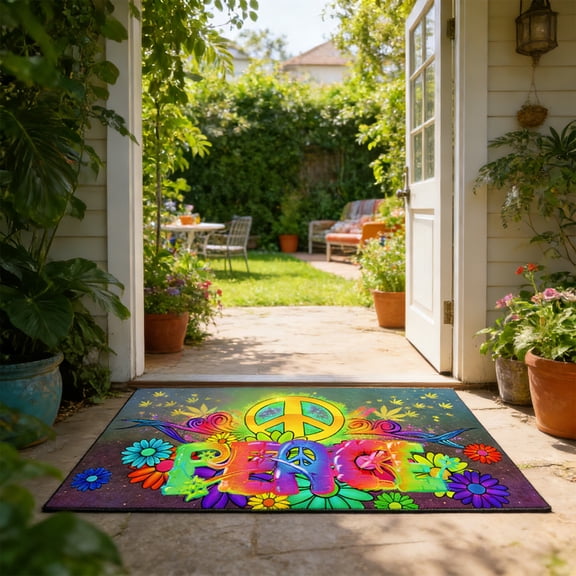 Rijanmt Love and Peace Floor Mat,15.8x23.6 Inch Non Slip Poly Door Mat,Hippie Style Colorful Decorative Rug for Entrance,Bathroom,Kitchen,Porch Front Door,Indoor Outdoor Decor,A