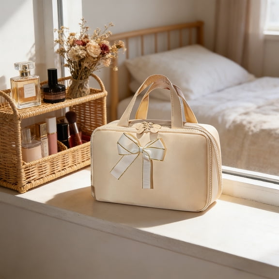 Rijanmt Makeup Bag Large Capacity Partitioned Storage Bag,Large Capacity Cosmetic Bag,Travel Make-Up Bag,Waterproof Flat Open Portable Toiletry Bag,For Skincare & Travel,10.23X4.72X6.69",Beige