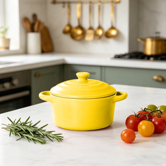 Rijanmt Mini Ceramic Casserole Dish with Lid,Round Baking Bowl with Dual Handles,Individual Baking Ramekins,Oven Safe Microwave Safe,Stoneware for Soup,Non-stick and Easy to Clean,7.8OZ,,Yellow