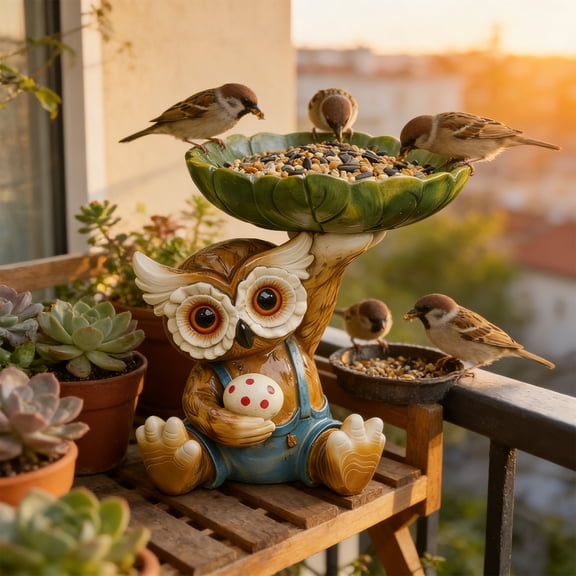 Rijanmt Resin Cartoon Owl Bird Feeder Tray,Outdoor Cute Owl Lifting Birdfeeder Station with 5.5" Dia Platform Plate,for Attracting Wild Hummingbirds,Sparrows,Garden Courtyard Patio Lawn Decor