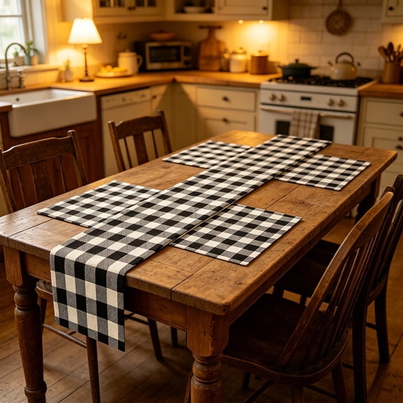 Rijanmt Set of 5 Linen Table Runner and 4 Placemats,72"x13",18"x12",Farmhouse Style Tabletop Collection,Thick Heat-resistant Table Mats&Tablecloth for Kitchen,Dining,Family Gathering Holiday Party,A