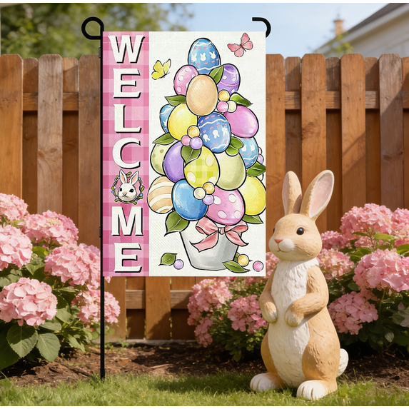 Rijanmt Spring Easter Bunny Egg Garden Flag Welcome Banner,11.8*17.7" Waterproof Double-Stitched Yard Flag,Happy Bunny Yard Flag For Outside Home Decor,Welcome Banners For Porch Lawn Patio Garden,A