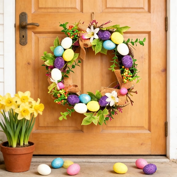 Rijanmt Spring Easter Eggs Wreath Faux Flower Leaf Ring,11.81" Floral Wreath With Colorful Camellias,Spring Summer Wreath,Green Eucalyptus Leaves Wreaths For Front Door Home Porch Wall Window Decor,A