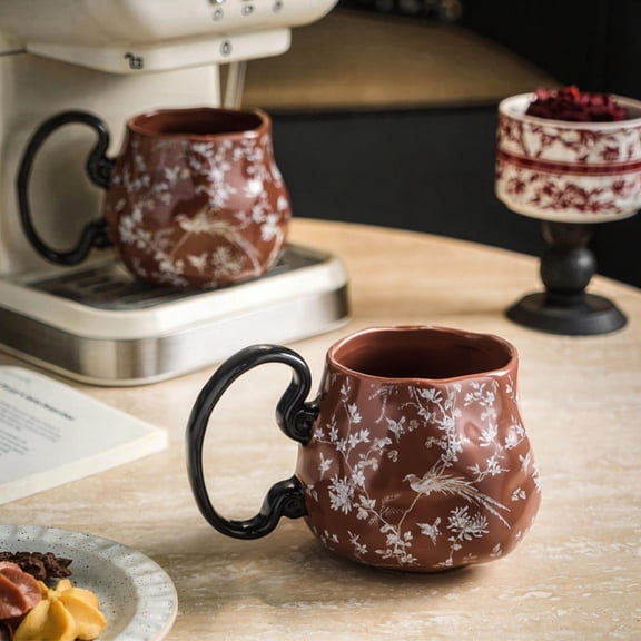 Rijanmt Spring Green Fresh Small Flower Ceramic Coffee Mug,Easter Vintage Ceramic Coffee Cup With Floral Embossed Design,For Home, Office & Holiday Gifts,To Friends & Family,350 Ml/11.84 Oz,Red