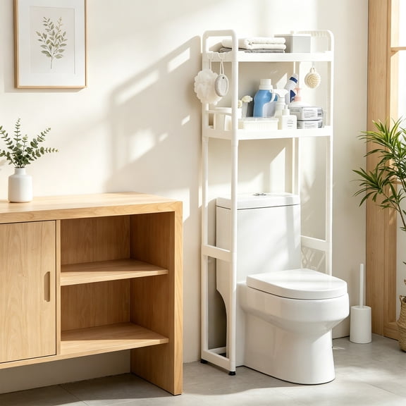 Rijanmt Over the Toilet Storage Rack,2-Tier Bathroom Organizer Shelf Above Toilet Bowl with 4 Suction Cups,Adjustable,Standing Space Saver Bath Shelves Over Toilet for Toiletries,56"x19"x10.2",White