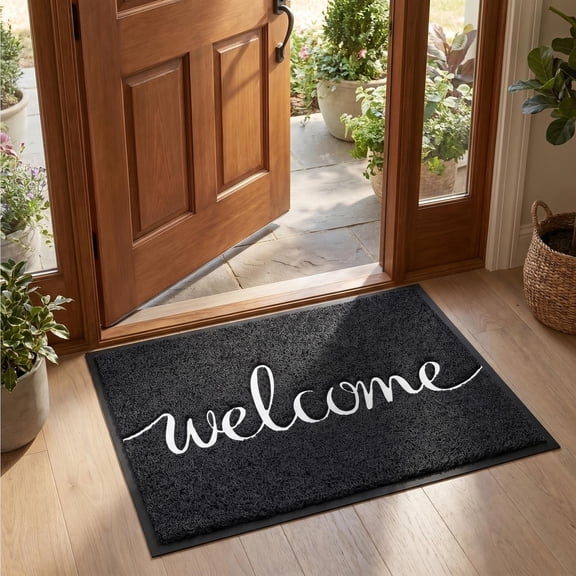 Rijanmt Welcome Mat Outdoor,Black Door Mats,PVC Non-Slip Backing Entryway Doormat,Low-Profile Floor Rug,Water and Dirt Trapper for Porch,Yard,Garage,High Traffic Areas,23.6"x15.7",A
