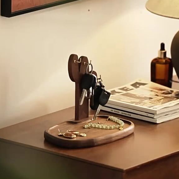 Rijanmt Wood Table Key Holder Stand with Tray And 4 Hooks,9.1X5.9X6.3" Tree Shaped Entryway Keys Hanging Storage Rack,Stable Base,Living Room Organizer for Necklace,Jewelry,Watch,Glasses,Home Decor