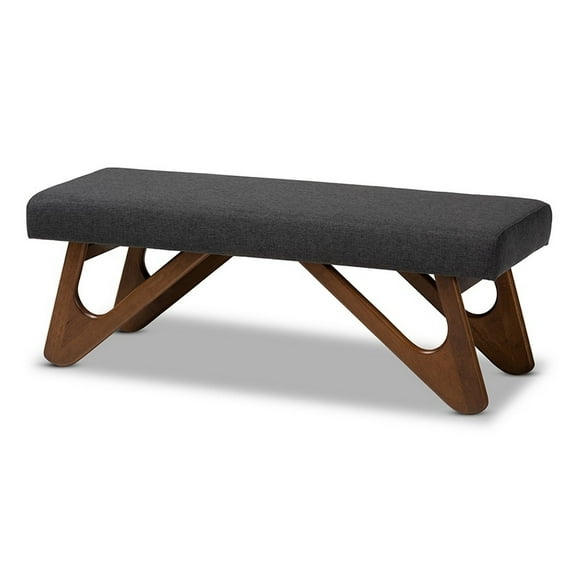 Rika Mid-Century Modern Dark Grey Fabric Upholstered Walnut Brown Finished Boomerang Bench