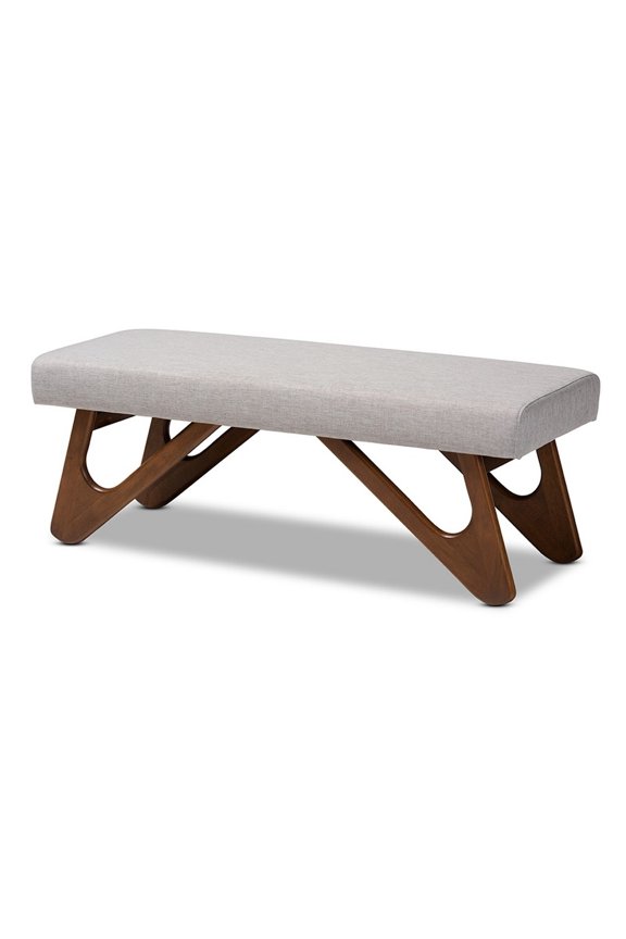 Rika Mid-Century Modern Greyish Beige Fabric Upholstered Walnut Brown Finished Boomerang Bench