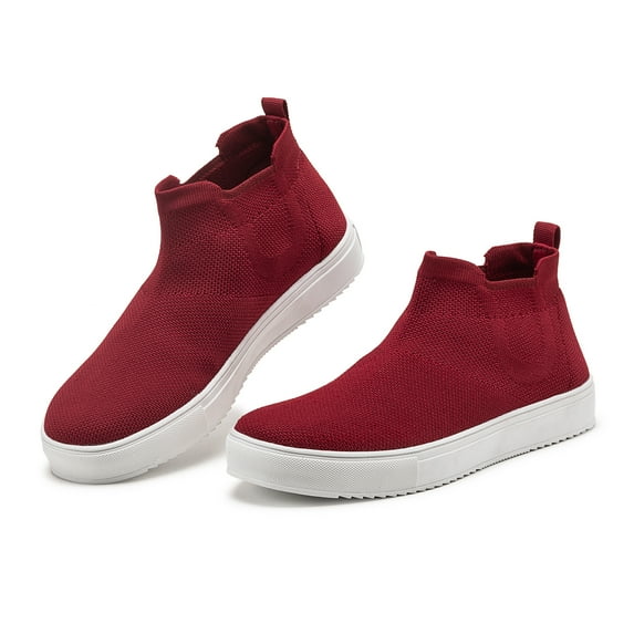 Flatgios Ballet Flats for Women, Soft Slip-On Flat Knit Round Toe Work Flat Mesh Walking Shoes, Comfortable Casual Red-7.5