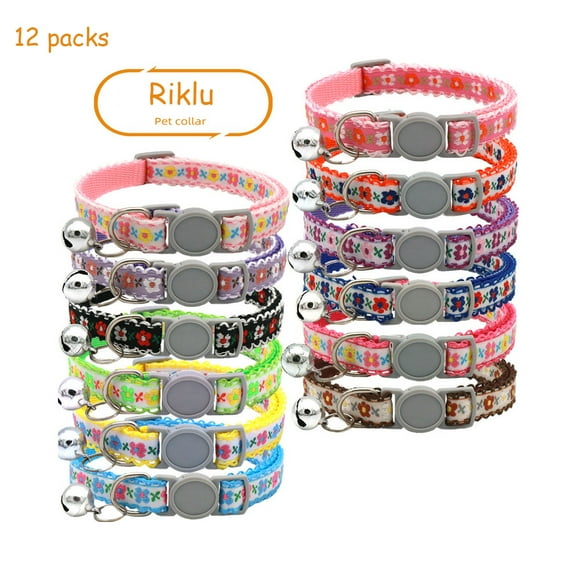 Riklu 12 Pack Cat Collar with Bells, Adjustable Breakaway Cat Collar with Flower Pattern