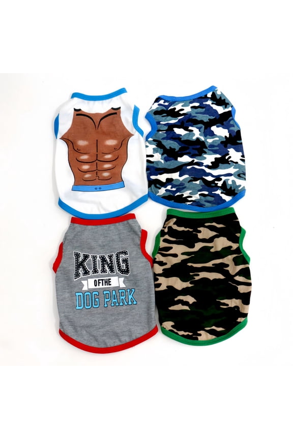 4 Pack Dog Clothes for Small Dogs Boy, Polyester Breathable Sleeveless Puppy Tank Tops, Camouflage & Funny Print Dog Shirts for Chihuahua Yorkie, Summer Pet Apparel