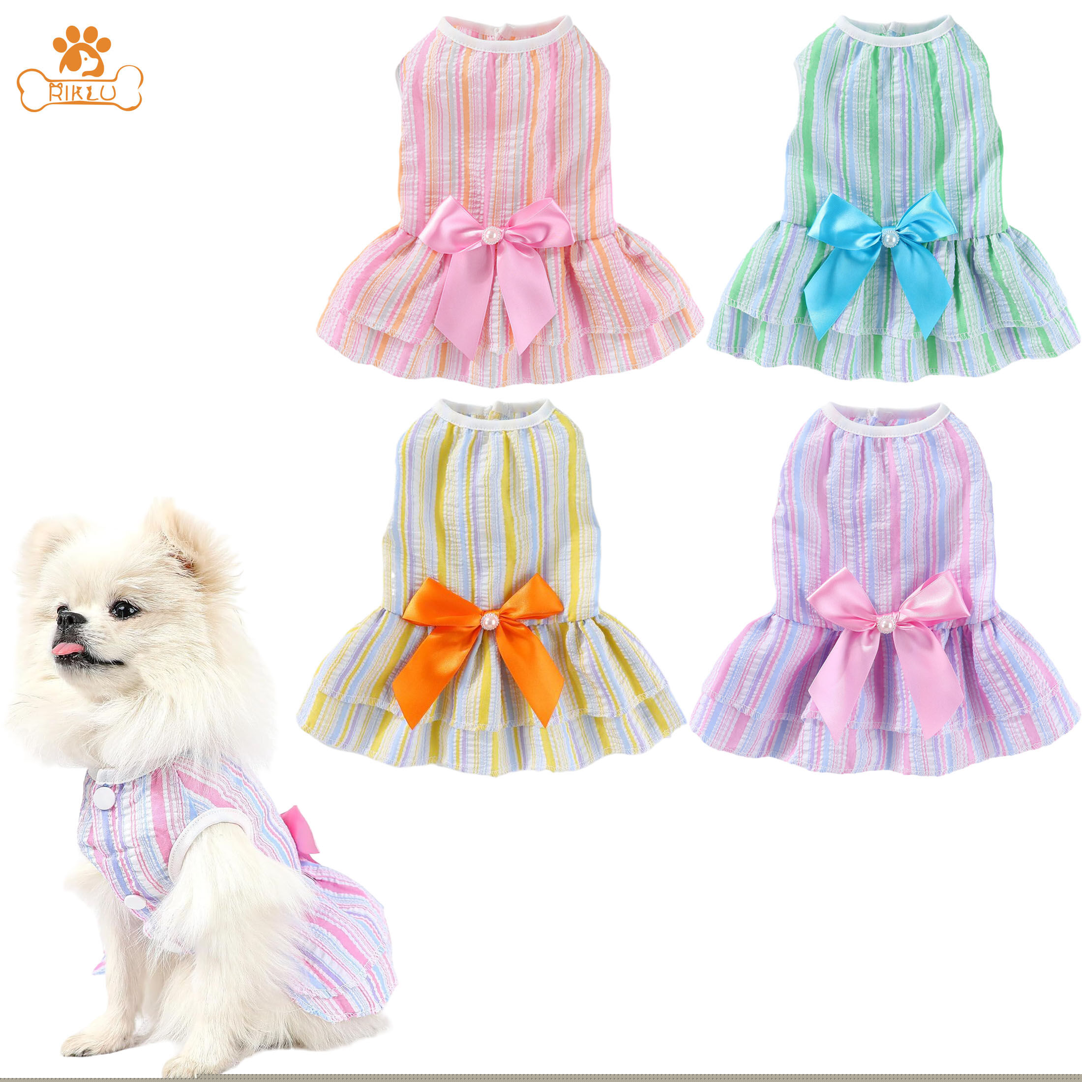 thumbnail image 1 of Riklu 4 Pack Dog Dresses for Small Dogs Girl, Cute Summer Puppy Clothes, Pet Dog Princess Dress with Sweet Bowknot, Doggie Outfits for Yorkie Chihuahua Cat Small Pets XS, 1 of 6