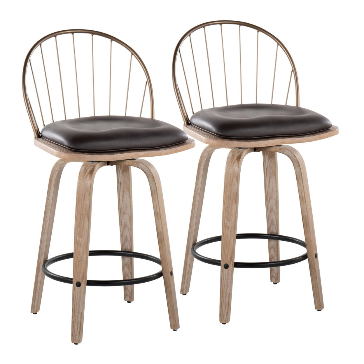 Riley 26 Farmhouse Fixed Height Counter Stool In White Washed Wood Antique Copper Metal Set Of 2