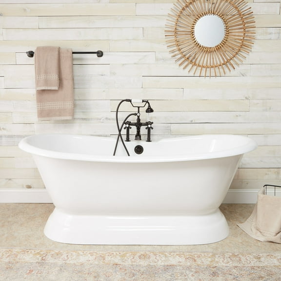 Riley 67 Inch Cast Iron Double Slipper Pedestal Tub - Rim Faucet Drillings