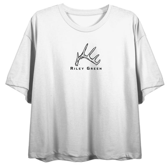 Riley Green Cowboy Chasing Deer Stamp Women's White Crew Neck Short Sleeve Crop Top-Medium