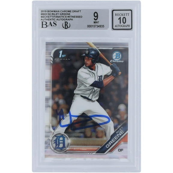 Riley Greene Detroit Tigers Autographed 2019 Bowman Chrome Draft #BDC-50 Beckett Fanatics Witnessed Authenticated 9/10 Rookie Card - Fanatics Authentic Certified